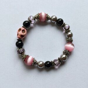 NEW! Pink Black Silver Skull Beaded Stretch Bracelet